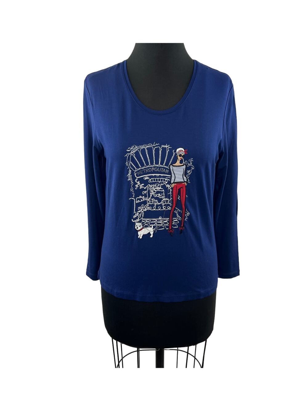 Un Jour Ailleurs French Girl Dog Blue Top Stretch Graphic Round Neck Size 2 M